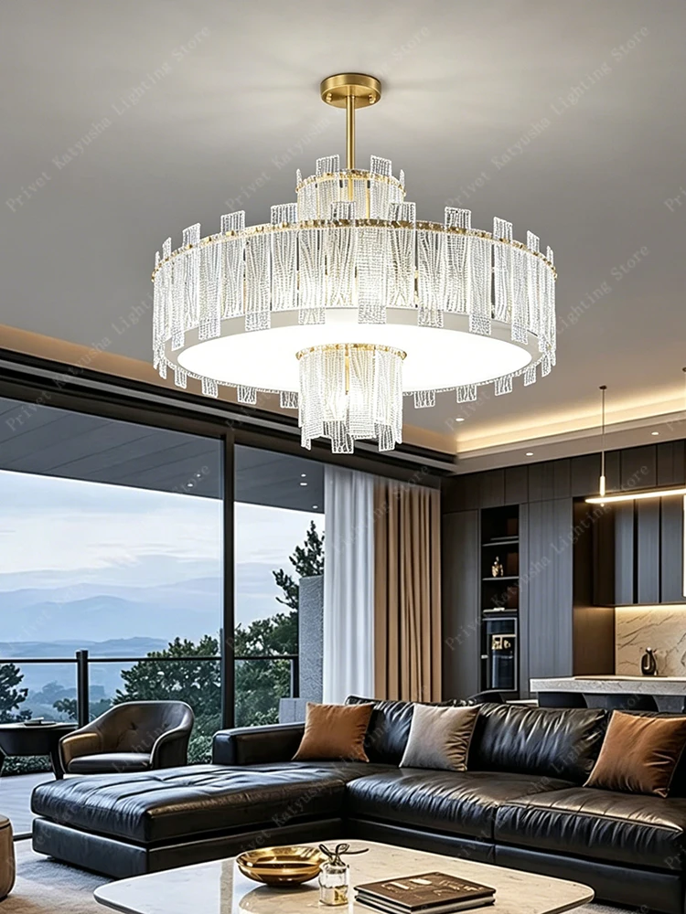 All Copper Luxury Large Ceiling Pendant Light Gold Crystal Glass Pendant Lamp Doe Villa Duplex High-ceiling Room Decor Lighting
