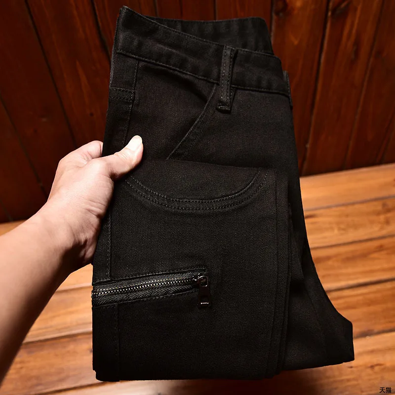 Preto fino ajuste jeans masculino na moda rua estilo motocicleta moda zíper design denim calças compridas