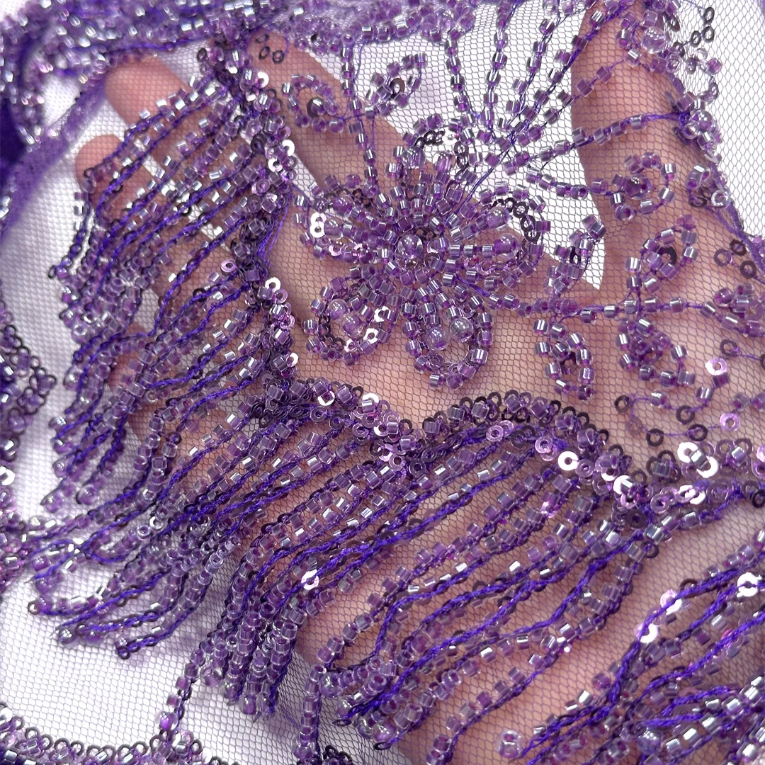 Luxury Beaded Velvet Lace Fabric High Quality Nigerian French Tulle Sequins Embroidery Tassel Handmade Fringe for Evening Dress