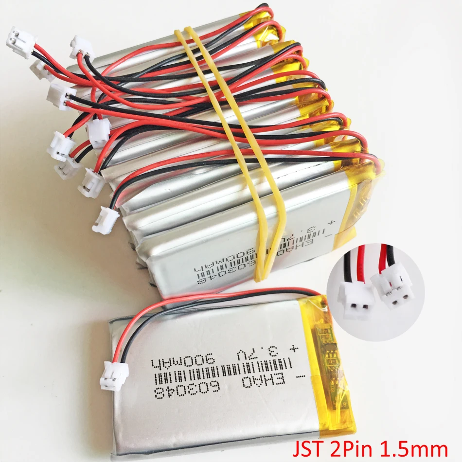 Lote de 10 baterías recargables Lipo de 3,7 V y 900 mAh. 603048   + enchufe JST de 2 pines y 1,5 mm para GPS, Bluetooth, grabadora, auriculares, cámara de libro electrónico