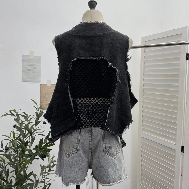 Sexy Rough Edge Denim Splicing Grid Vest Loose V-neck Sleeveless Jacket Coat Women