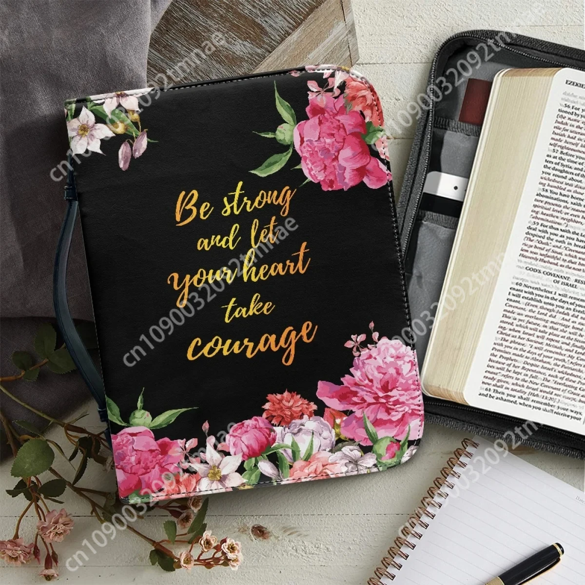 

Pretty Floral Bible Verse Print Women's Christian Bags Be Strong and Let Your Heart Take Courage Words Bible Carrying Bag Custom