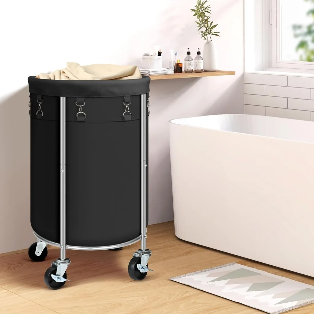 Laundry Basket with Wheels, Rolling Laundry Basket, Round Laundry Sorter with Steel Frame and Removable Bag, 4 Casters and 2