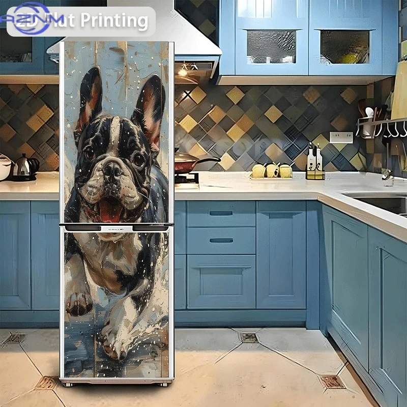 Printing Refrigerator Sticker Cheerful Running Bulldog Themed Scene Wall Decal Self-Adhesive Wallpaper Suitable for C view 4