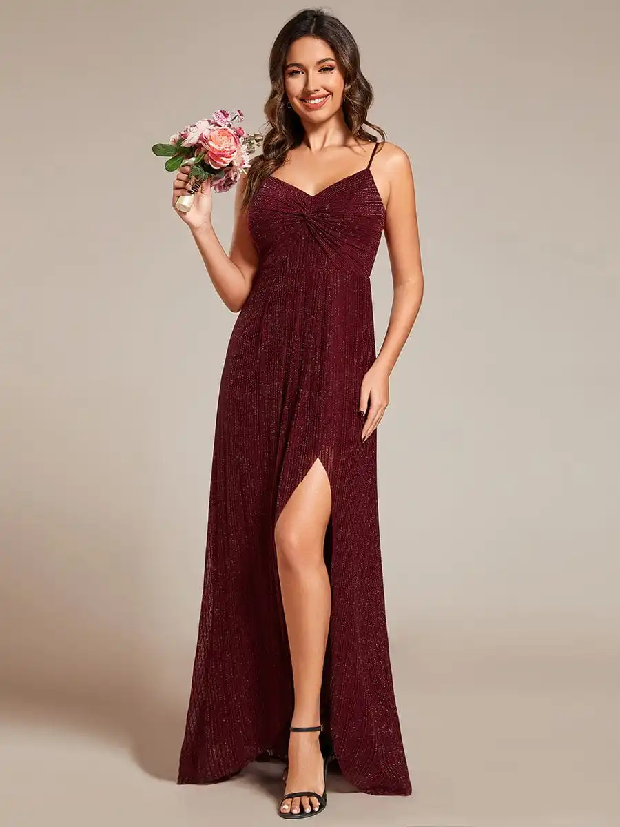 Elegant Evening Dresses High Slit V-Neck Sleeveless Shimmer Empire Waist 2024 Ever Pretty of Chiffon Burgundy Bridesmaid Dress