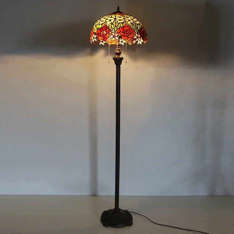 LongHuiJing 16 Inch Tiffany Floor Lamp with Stained Blooming Rose Pattern Lampshade Lights