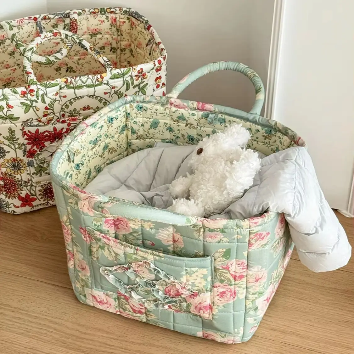 Cotton Portable Large Flower Storage Basket High-value Lightweight Storage Pastoral Style Foldable Clothing Storage Bag