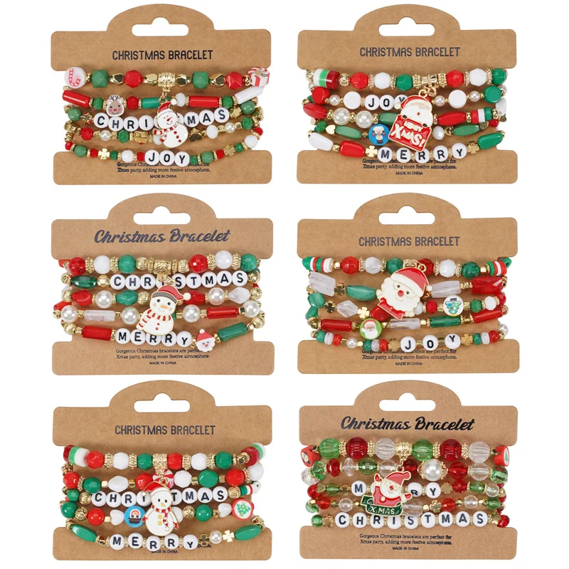

Santa Claus Christmas Tree Gift Snowflake Snowman Pendant Stackable Elastic Bracelets Fashion Christmas Bracelet