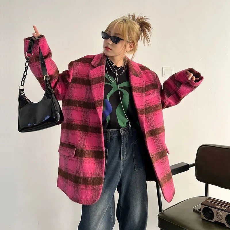 

Autumn Winter Women Vintage Plaid Woolen Cloth Coat Pink Yellow Casual Long Sleeve Female Short Jacket Coat Loose Chaqueta Mujer