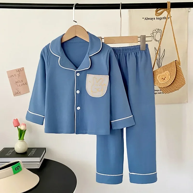 

New 2025 Boys Girls Autumn Cotton Pajamas Home Wear Kids Casual Cartoon Long Sleeve Lapel Pyjamas Teen Sleepwear Clothing Sets