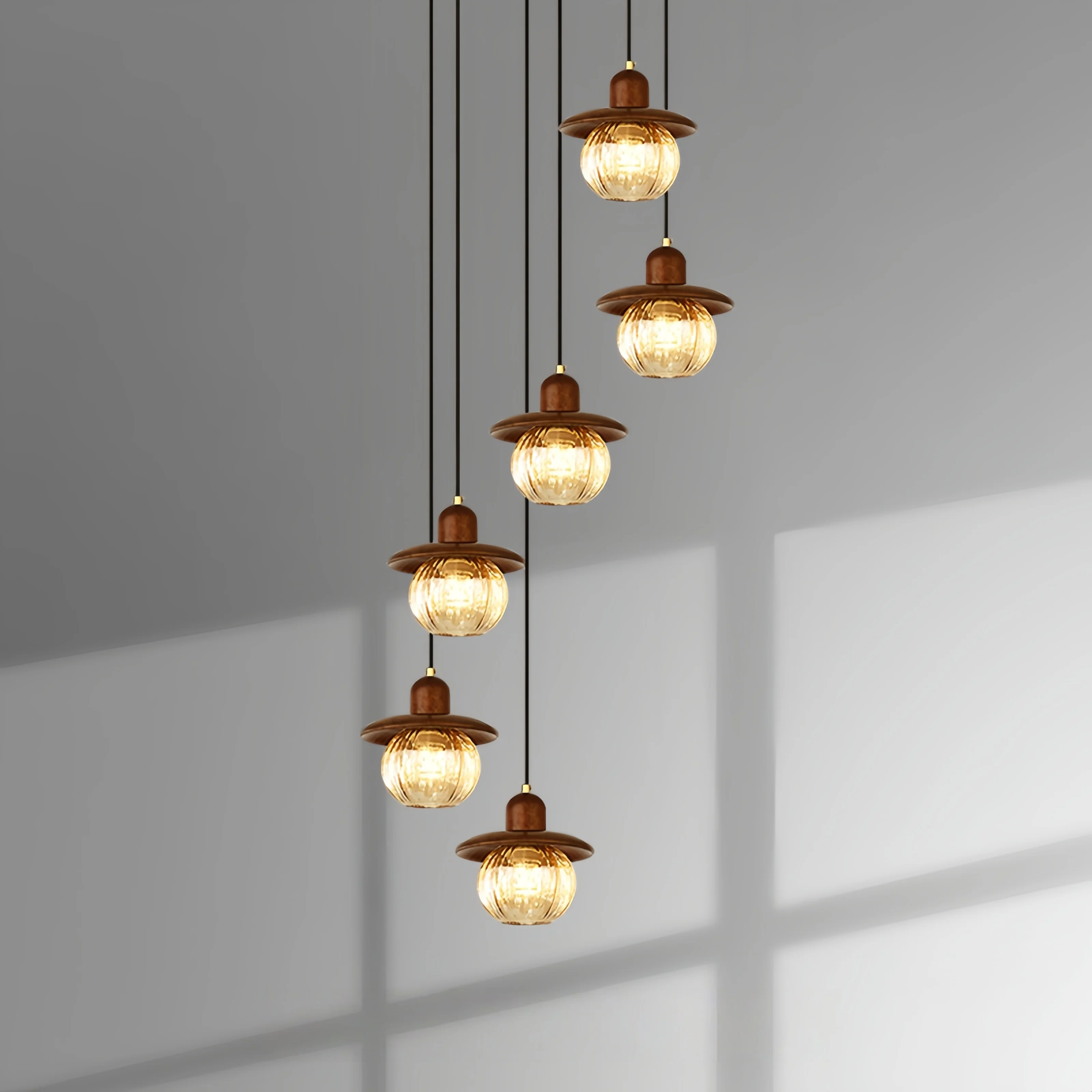 

French Retro Staircase Chandelier Solid Wood and Glass Duplex Villa Living Room Loft Apartment for Staircase Decor Lighting