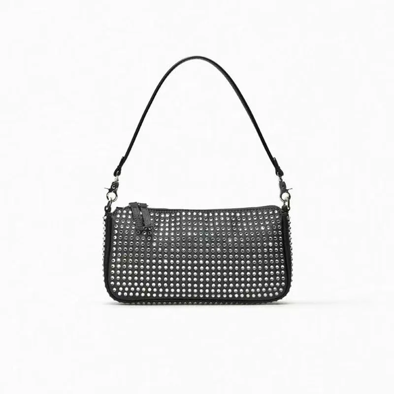 ZA Bright Rhinestone Luxury Small Purse for Women New Black PU Leather Handheld Shoulder Underarm Handbag Trendy Crossbody Bags