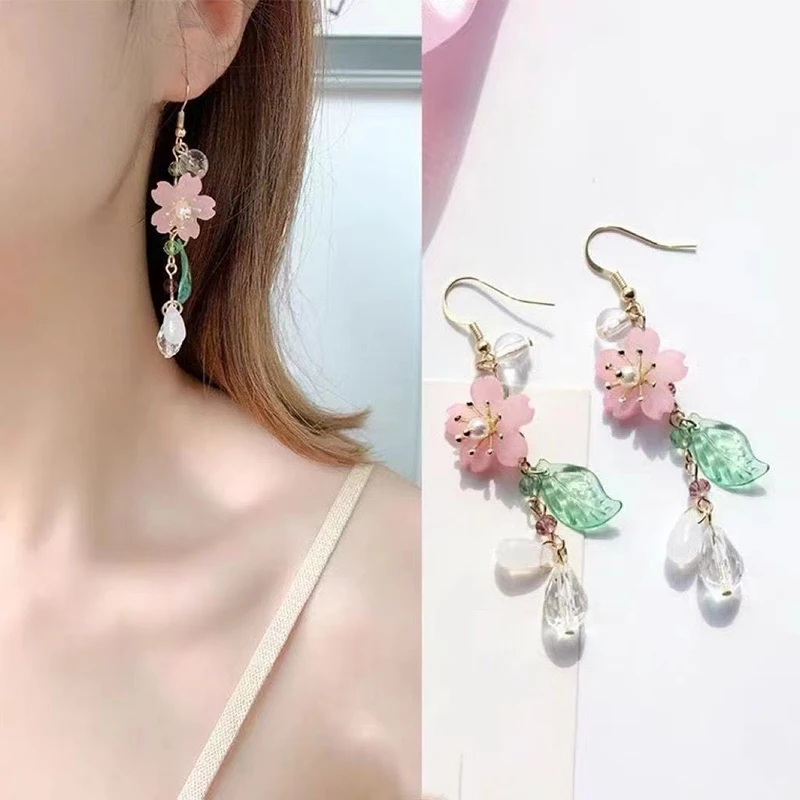 Boucles d'oreilles en forme de feuilles de fleurs roses pour femmes, douces et romantiques, longues pampilles, accessoires cadeaux élégants pour fête de vacances