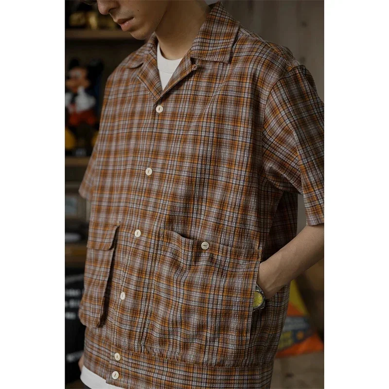 Second Order Open Collar Check Short-Sleeve Shirt Retro Seersucker Camp Men