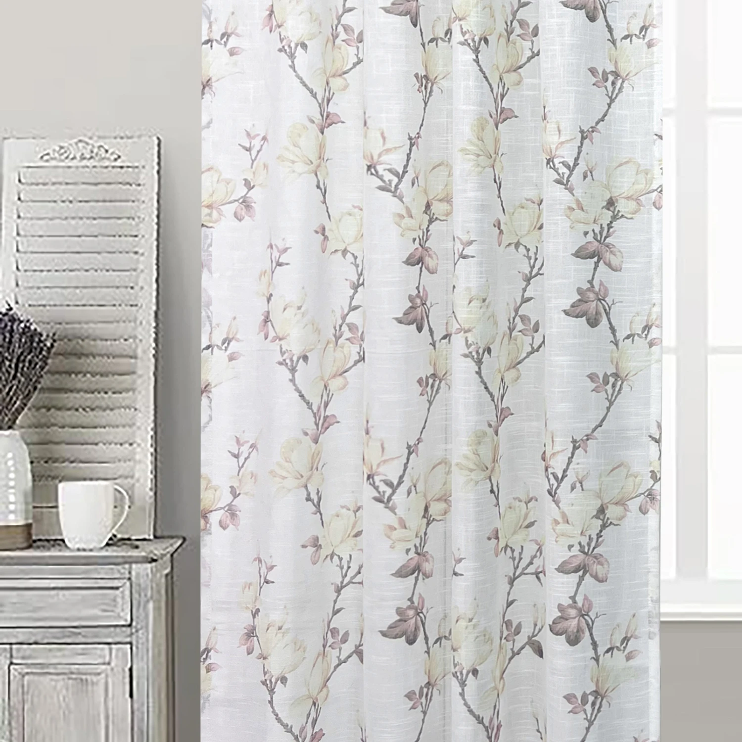 Flower Twig Pattern Semi Sheer Curtains Light Filtering Textured Window Drapes for Living Room, Bedroom, Dining Room Window