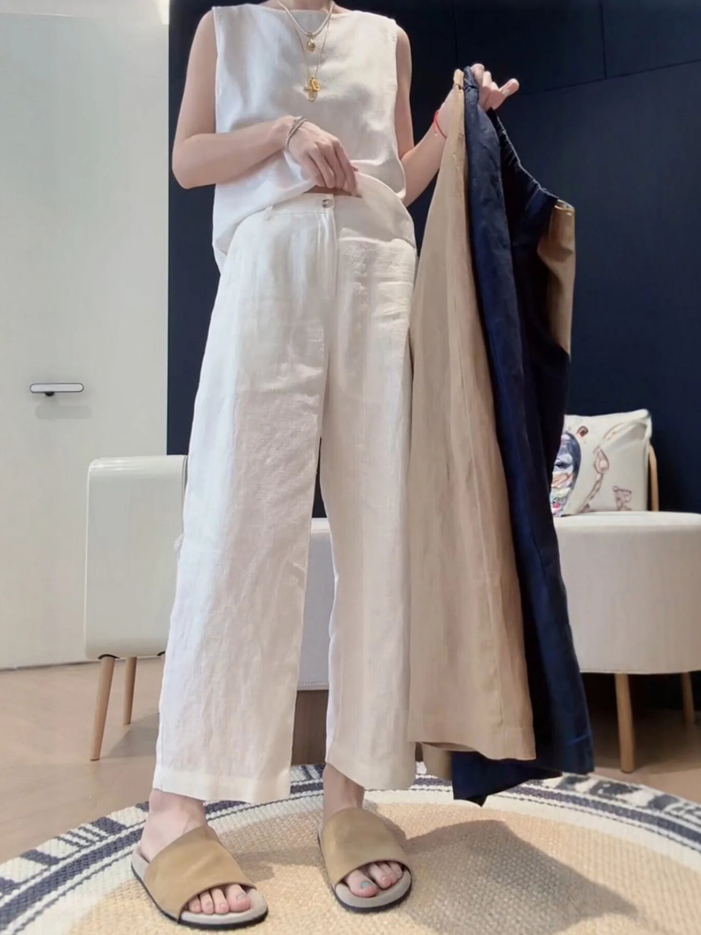 White Casual Versatile Linen Wide Leg Pants Women's High Waist Loose Slimming Small Size Summer New Style Fashionable