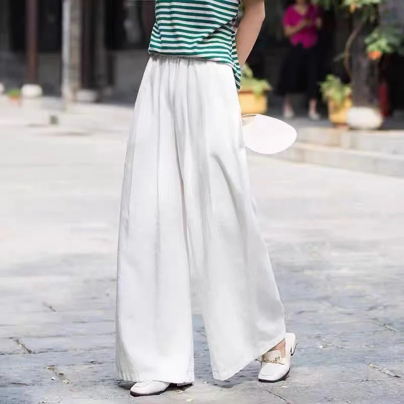 Cotton Wide Leg Pants Women's Loose Fit Slimming Casual Trousers Pure Color Long Summer Thin Wide Leg Pants Commute Sle