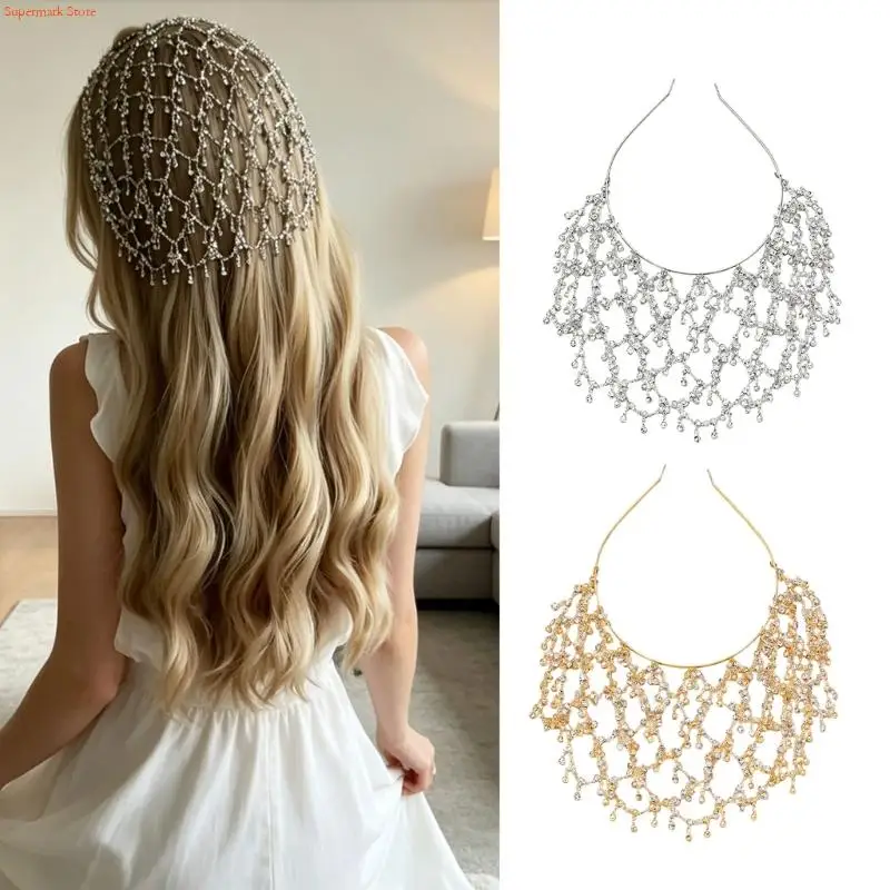 

Q5WE Elegant Crystal Hair Chain With Sparkling Rhinestones Headcover For Women Girl Parties Weddings And Evening Banquet