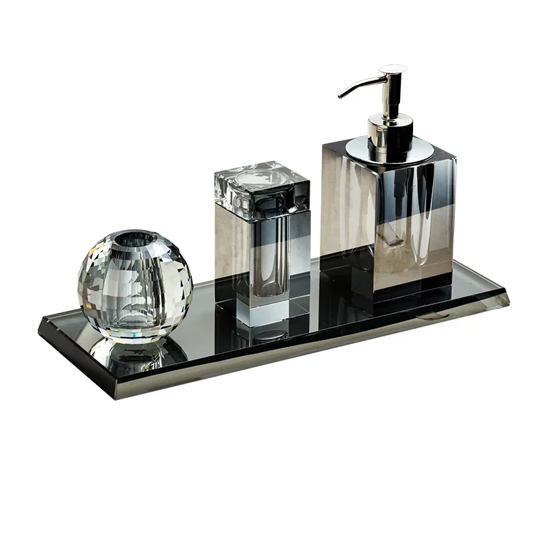 Light Luxury Crystal Glass Bathroom Accessories Set High End Shampoo Bottle Cotton Swab Jar Storage Tray Hotels Bathroom Decor