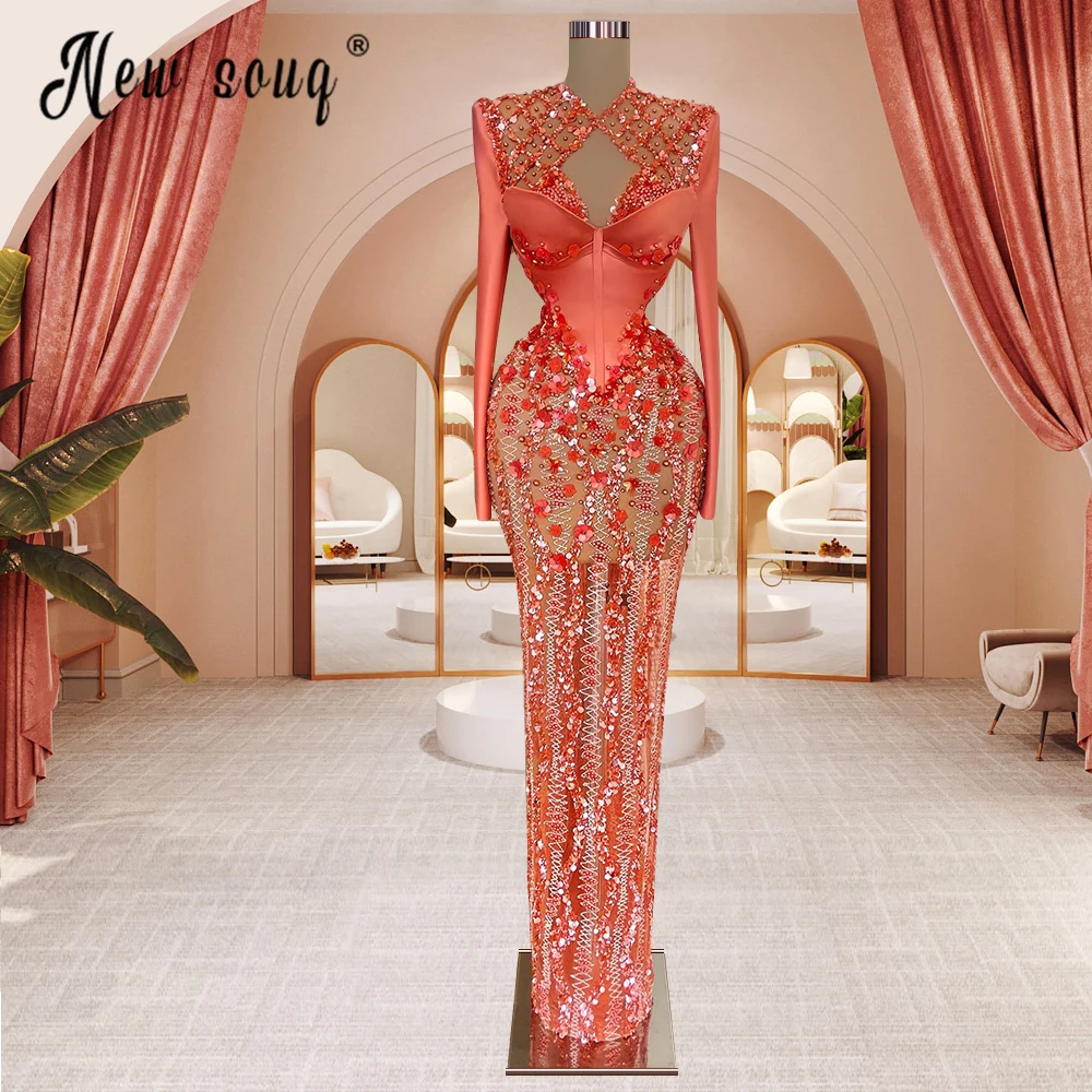 

Luxury Beaded Evening Dress Arabic Long Sleeve Mermaid Floor Length Celebrity Party Dresses Women 3D Flower Formal Prom Gowns