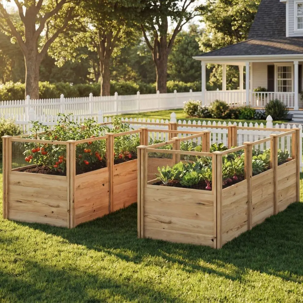 

8x8 Wooden Elevated Garden Bed with Iron Mesh, Open Base for Outdoor Plants and Vegetables, Natural Finish