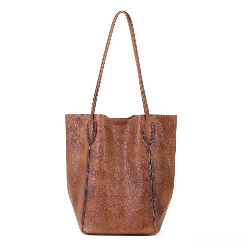Vintage Everyday Work Shoulder Bag for Women Genuine Leather Vegetable Tanned Structured Spacious Interior Luxury Handbag