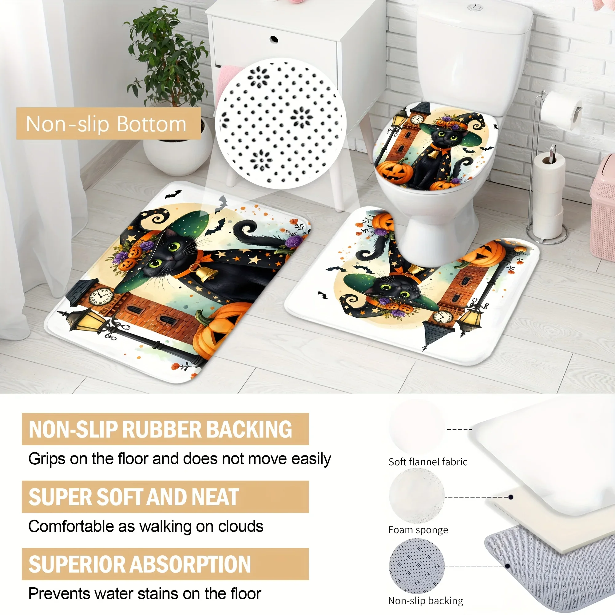 Please do not place order on this link, item will not be dispatched.Halloween Black Cat Witch 3Pcs Bathroom Mat Set Non Slip Bath Rug
