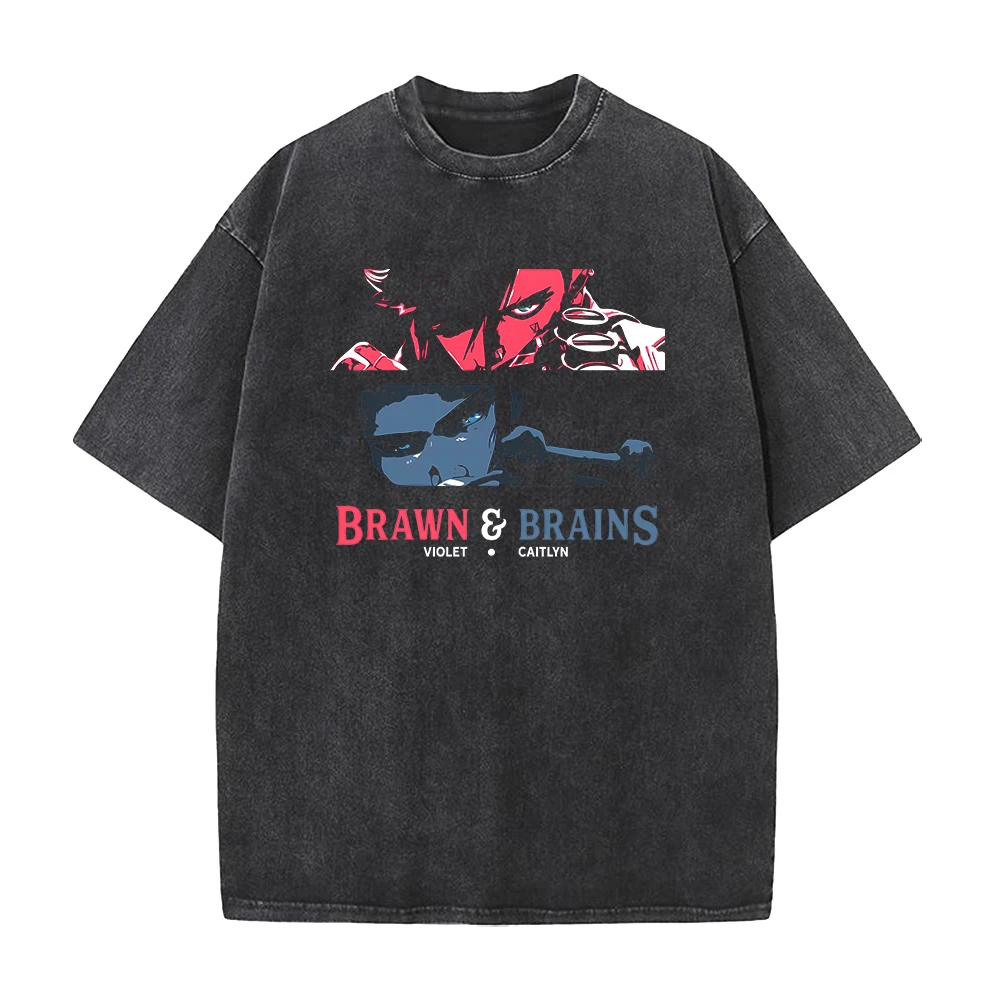 Anime Arcane Vi And Caitlyn Graphic Washed Tee Men Women Comfortable T-shirts Plus Size Cotton T Shirt Harajuku Male Tshirt