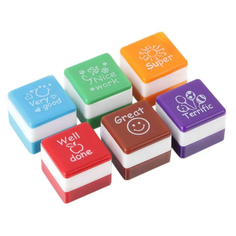 

6pcs/set Scrapbooking Cartoon School Supplies Motivation Sticker Kids Reward Praise Carved Stamps Teachers Self Inking Stampers