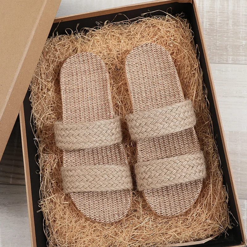 Slippers woven home indoor sandals breathable and non slip cotton and linen grass shoes