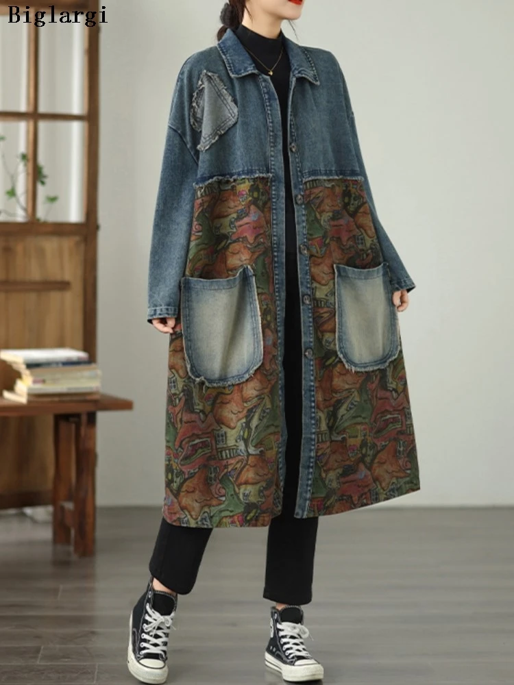

Denim Oversized Autumn Long Trench Coat Women Flower Floral Print Fashion Retro Ladies Jackets Loose Woman Coats