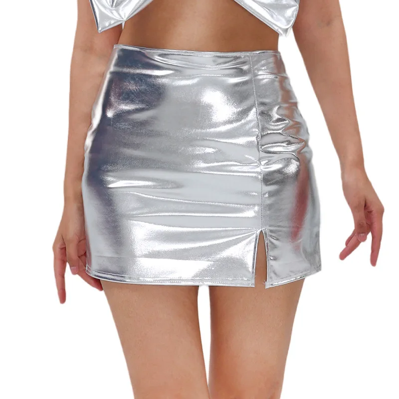 Metallic Mini Skirt with invisible zip for Women Glossy Pleated Design Bodycon Skirts Fashion Short Dress Great for Parties