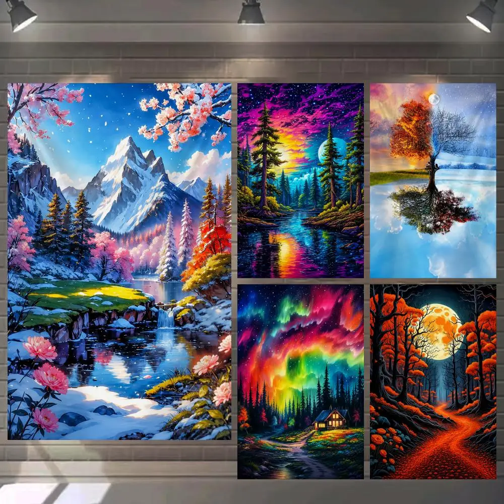 Sunset Forest River Blooms Tapestry Microfiber Background Art Decor For Bedroom Living Room Garden Outdoor Festival Wall Deco