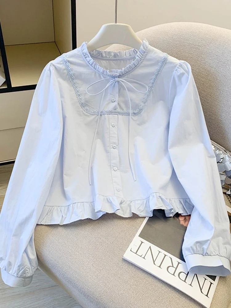 

Short Loose Earlet Ruffle Shirt Women's Spring Fashion Korean Style Ageless Cute Doll Top Polyester Fiber Long Sleeve round Neck