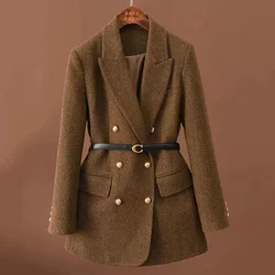 Viene fornito con cintura una giacca di lana Vintage per donna autunno e inverno 2024 nuovo Blazer A maniche lunghe femminile con temperamento doppiopetto