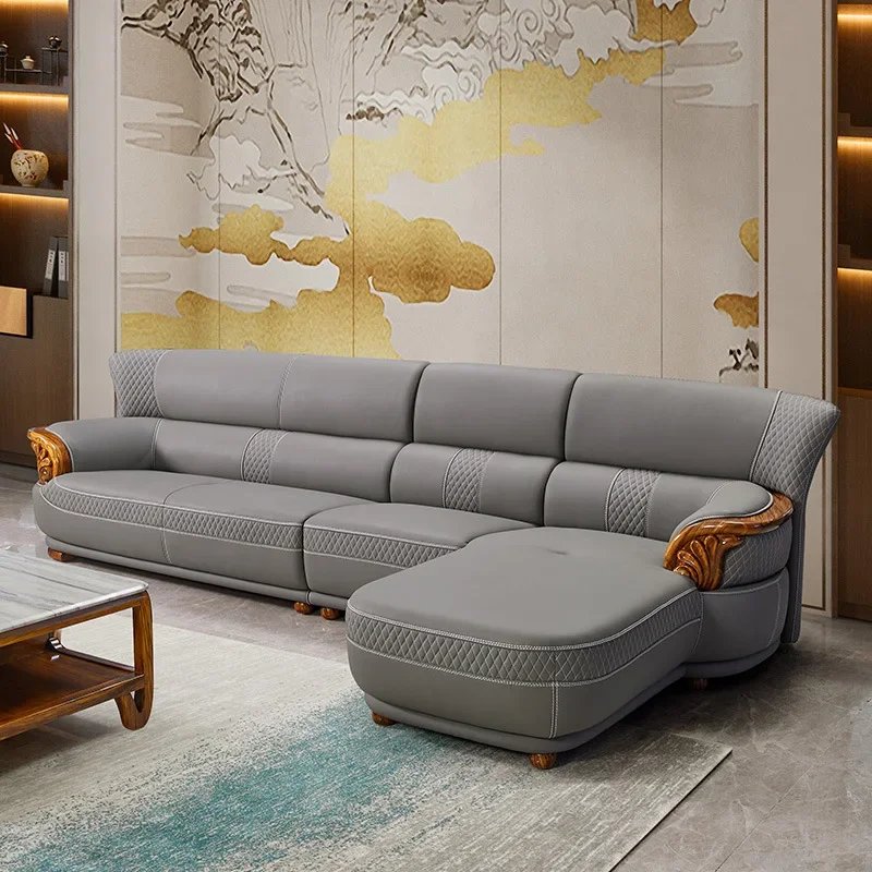 Leather sofa new Chinese-style home simple solid wood high-end villa living room leather cowhide corner combination