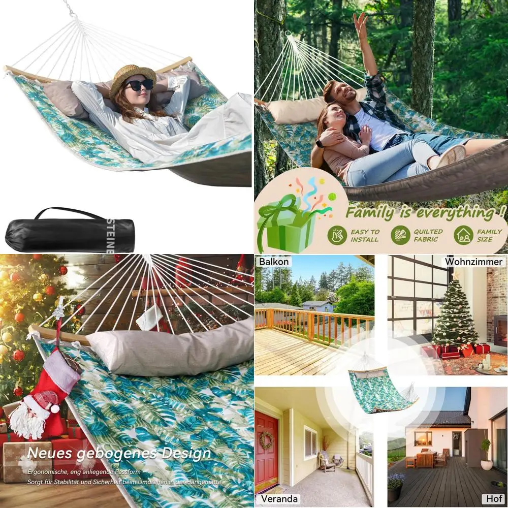 

Outdoor Quilted Fabric Double Hammock with Pillow, Folding Spreader Bar, Chains, and Carrying Bag for Two Person Comfort