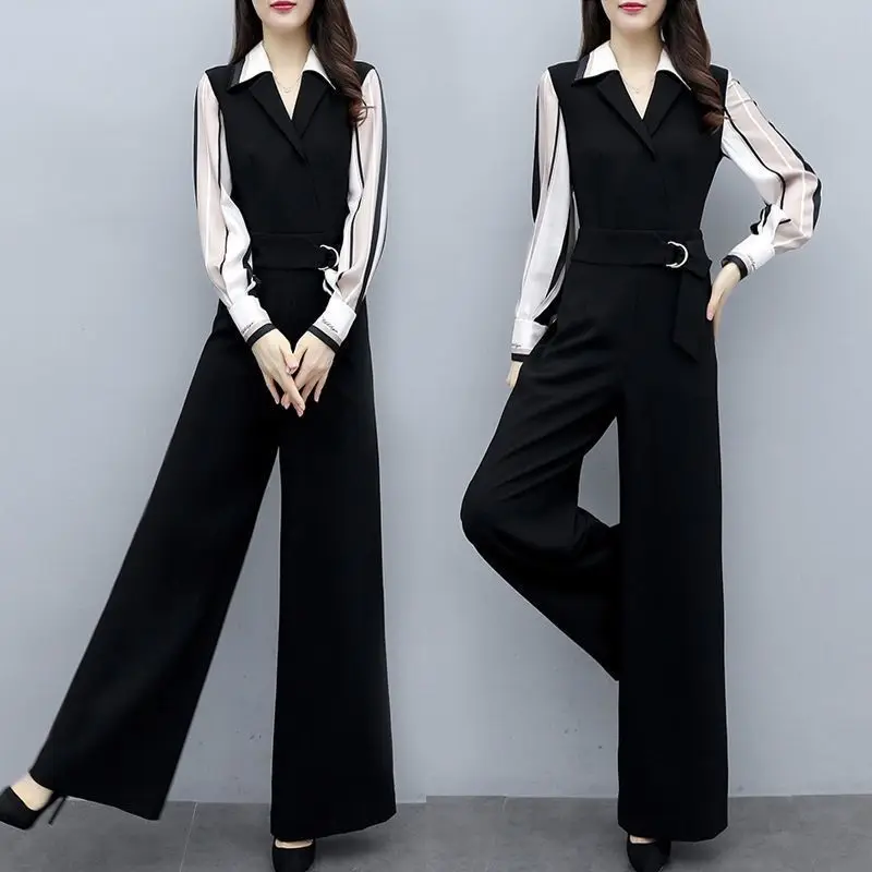 Wanita musim semi musim panas Jumpsuit sifon modis elegan kasual celana kaki lebar Set kantor Romper wanita pakaian wanita 2024 baru