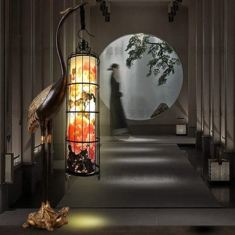 New Chinese floor lamp crane lotus lantern wedding hotel tea room living room antique decoration vertical ornament lamps