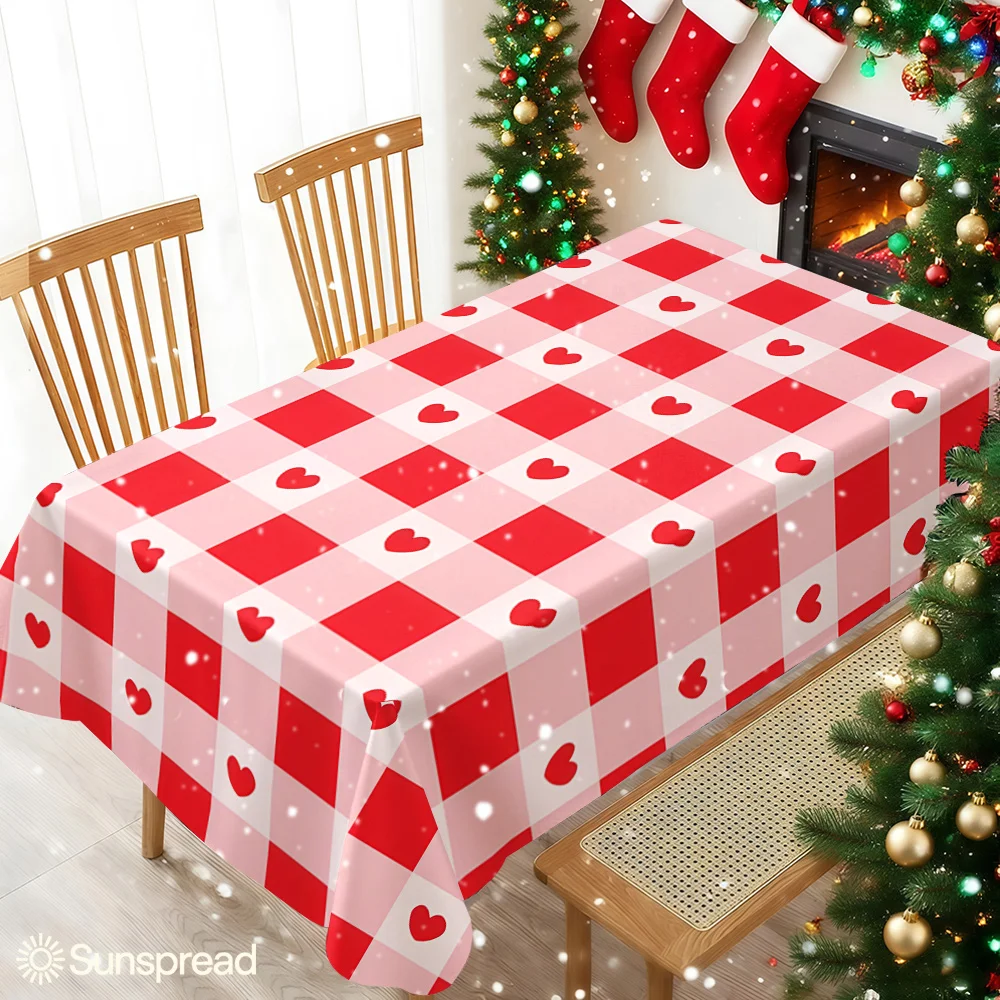 Red Plaid Cute Hearts Table Cloth Waterproof Tablecloth Spill Proof Table Cloth, Wipe Clean Table Cloth for Dining Camping