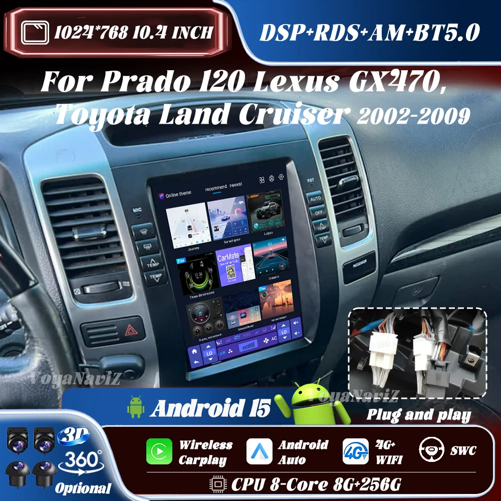 Android 15 Wireless Carplay Auto For Prado 120 Lexus GX470,Toyota Land Cruiser 2002-2009 Car Radio Automotive Multimedia GPS BT