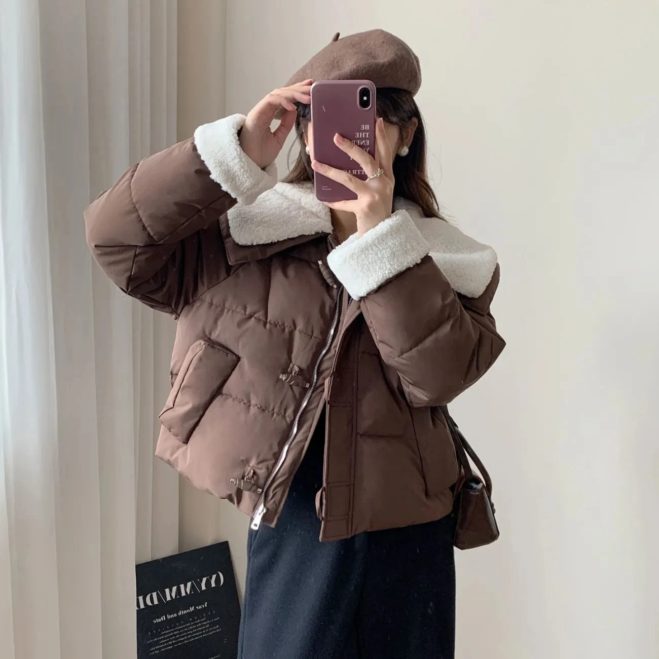

Женская зимняя хлопковая куртка с меховым воротником и лацканами, новинка 2023 года, женское короткое хлопковое пальто, корейские свободные парки, верхняя одежда