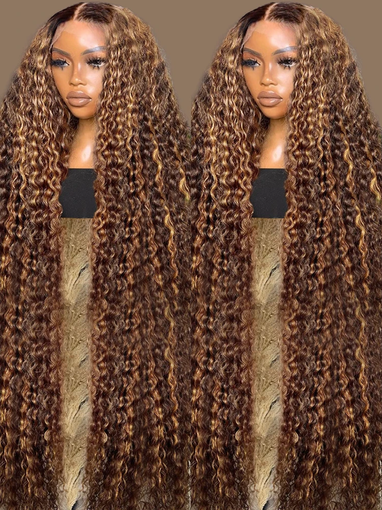 Perruque frontale en dentelle HD 13x6 Deep Wave, cheveux humains, 40-42 pouces, blond miel bouclé 13x4, pour femmes, densité 250