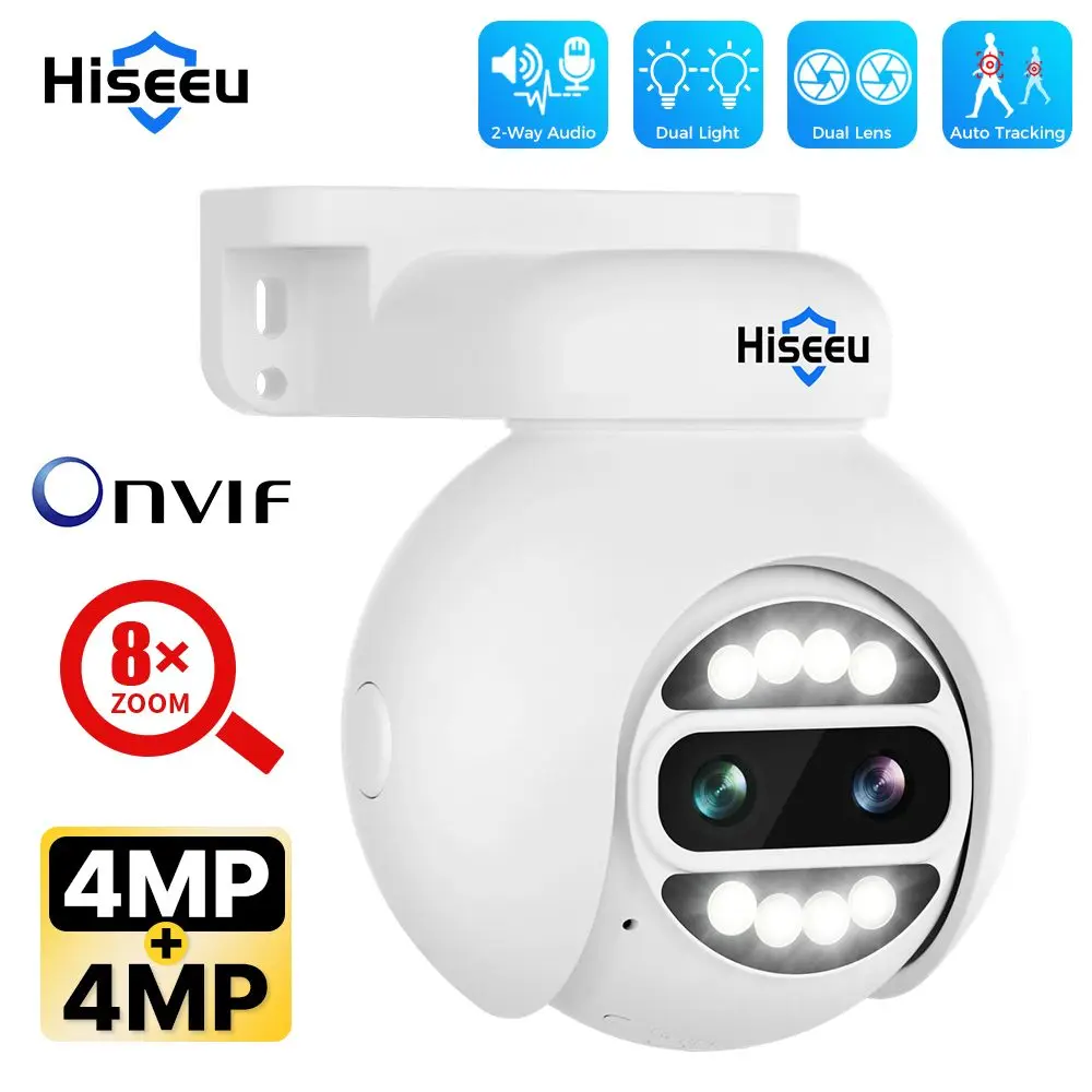 

Hiseeu 4MP+4MP Dual Lens PTZ POE IP Camera 8X Zoom Full Color Night Vision 2-Way Audio H.265 IP65 Waterproof CCTV Security Video