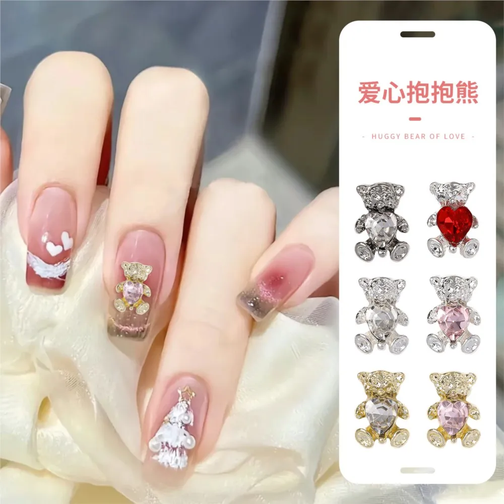10pcs 3D Cute Gold Silver Alloy Bear Nail Charms Pink Love Heart Diamond Nail Gems 10*7mm Flatback Metal Bear Nail Art Supplies