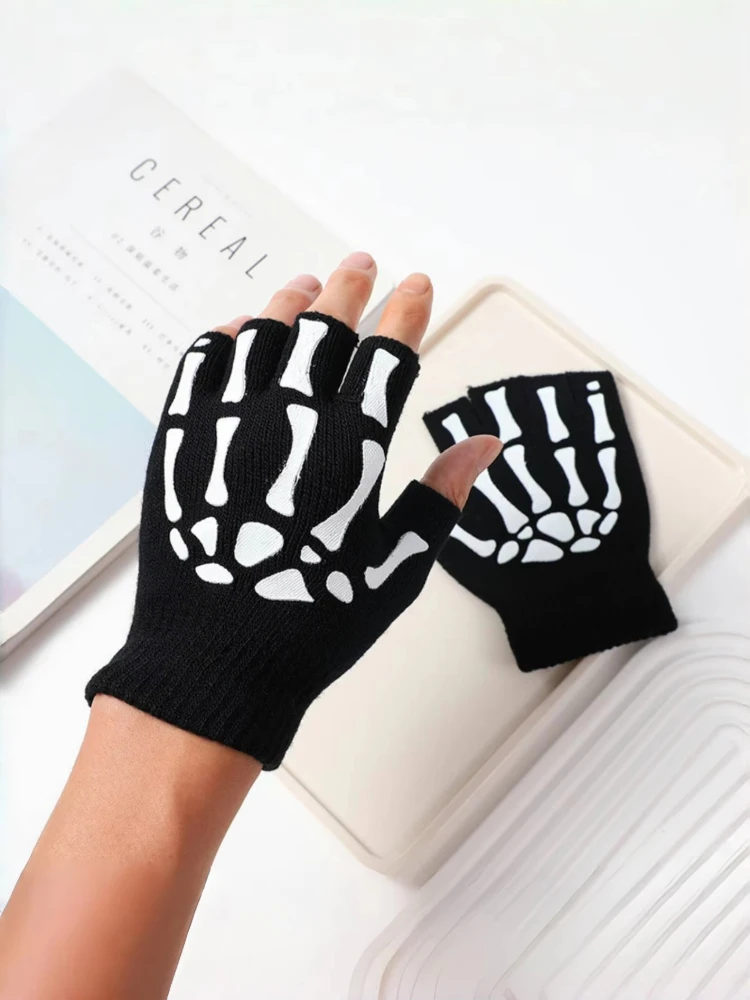 1/2/3/4 paar New Kids Halloween Skeletschedel Half Vinger Lichtgevende Punk Handschoenen Winter schedel Vingerloze Zwarte Wanten - afbeelding 2