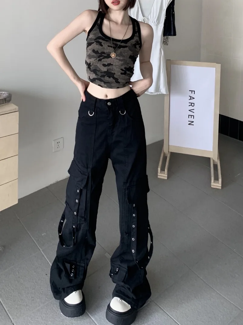 

2024 Autumn Black High Waisted Baggy Jeans Cargo Pants Women Chic Harajuku Y2k Straight Trousers Casual Loose Pocket Pantalones