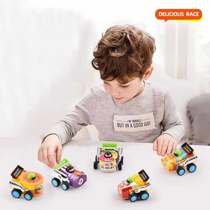 Mini coche de carreras de inercia para niños, juguete de plástico de 2 piezas, con dibujos animados de comida, modelo creativo, regalo