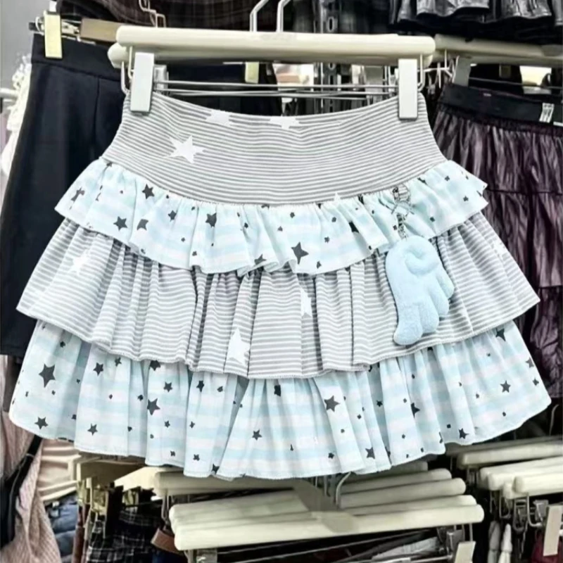 Y2k Harajuku Striped Star Print Mini Skirt Women Sweet Kawaii Slim Cake Skirt Summer Girls Cute Fashion High Waist Puffy Skirt