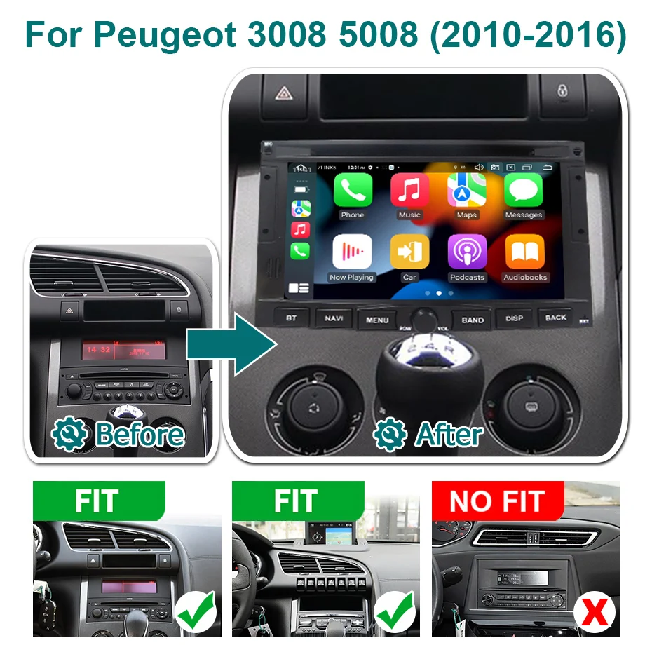 Radio Estéreo Inalámbrico para Auto con Carplay Android 15, 2DIN, para Peugeot 3008 5008 2010-2016, Bluetooth, Pantalla de 7 Pulgadas, Reproductor Multimedia, GPS 2